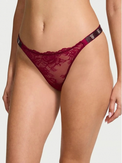 Трусики Стрінги з камінцями Victoria’s Secret Very Sexy Shine Strap Rose Lace Thong Panty, Бургунді