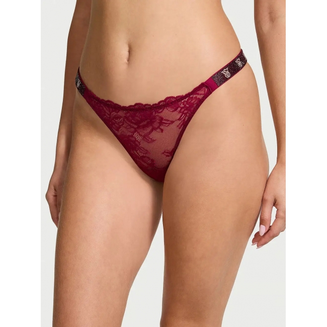 Трусики Стрінги з камінцями Victoria’s Secret Very Sexy Shine Strap Rose Lace Thong Panty, Бургунді