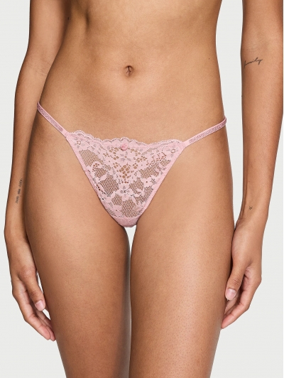 Трусики Стрінги з камінцями Victoria’s Secret Twinkle Strap Lace V-String Panty, Ніжно-рожеві