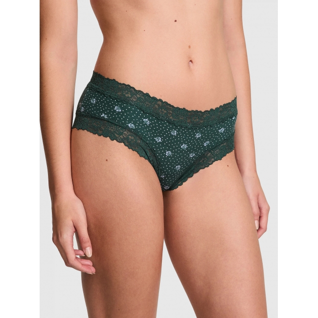 Трусики Чіки Victoria's Secret Pink Wink Lace-Trim Cheeky Panty, Green Floral Print