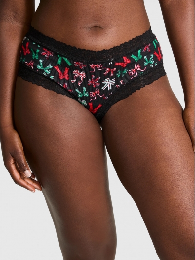 Трусики Чіки Victoria's Secret Pink Wink Lace-Trim Cheeky Panty, Чорні з бантами