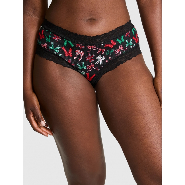Трусики Чіки Victoria's Secret Pink Wink Lace-Trim Cheeky Panty, Чорні з бантами