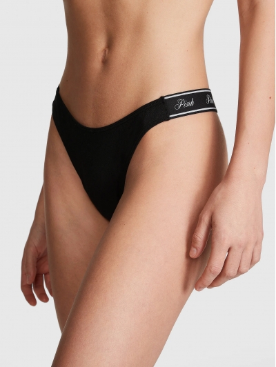 Трусики стрінги Victoria's Secret PINK Logo Cotton Shine High-Leg Thong Panty, Чорні