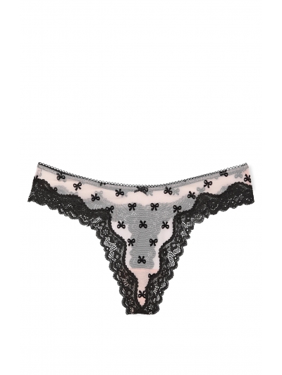 Трусики Victoria's Secret Mesh Lace-Trim High-Leg Thong Panty, Purest Pink Bows