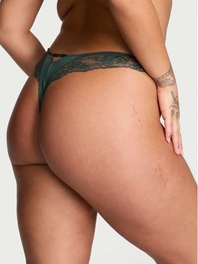 Трусики Стрінги Victoria’s Secret Lace-Trim High-Leg Thong Panty, Темно-зелені