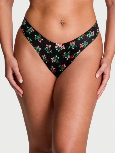 Трусики Стрінги Victoria’s Secret Strappy Back High-Leg Thong Panty, Чорні з малюнком