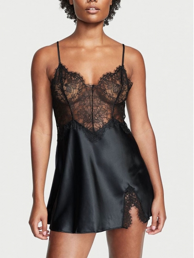 Пеньюар Victoria’s Secret Lace Top Satin Slip, Чорний