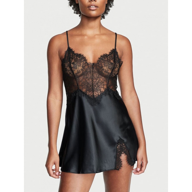 Пеньюар Victoria’s Secret Lace Top Satin Slip, Чорний