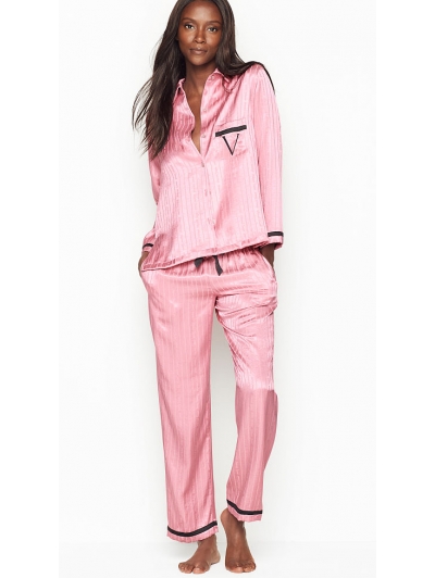 Атласна Піжама Victoria's Secret Long PJ Set, Light Pink Stripe