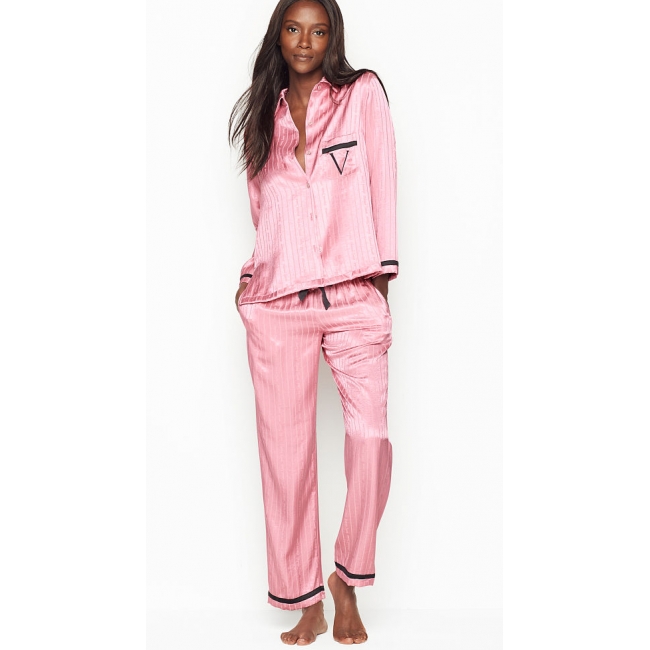 Атласна Піжама Victoria's Secret Long PJ Set, Light Pink Stripe