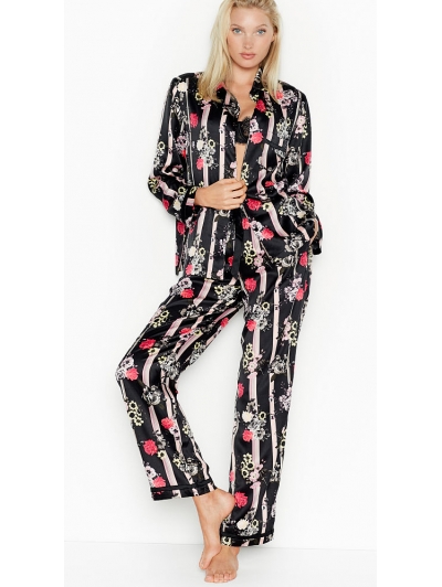 Атласна Піжама Victoria's Secret Long PJ Set, Black Floral Stripe