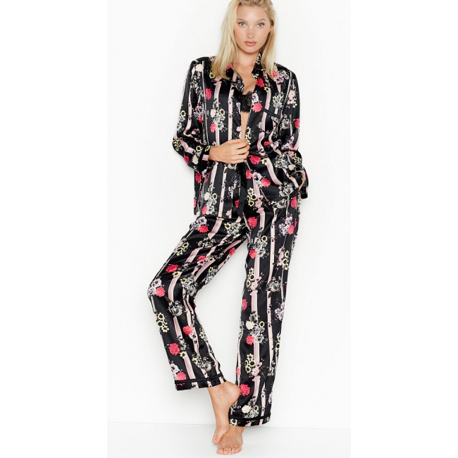 Атласна Піжама Victoria's Secret Long PJ Set, Black Floral Stripe