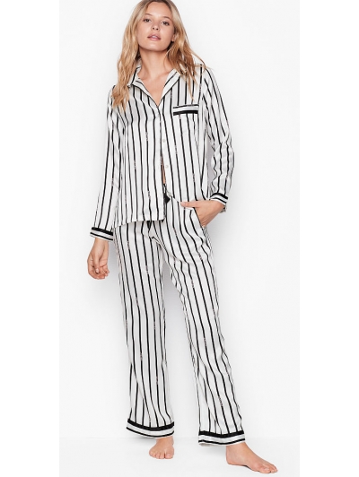 Атласна Піжама Victoria's Secret Long PJ Set, White Stripe