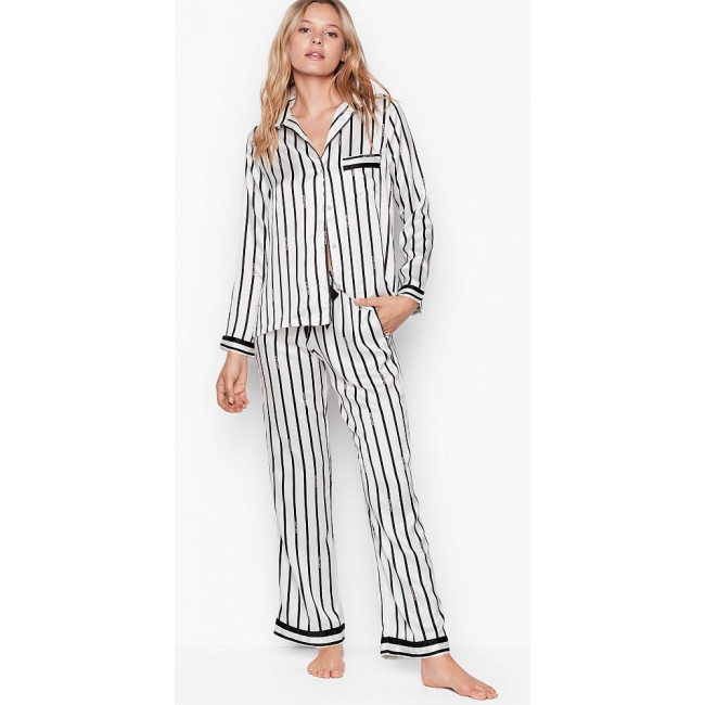 Атласна Піжама Victoria's Secret Long PJ Set, White Stripe
