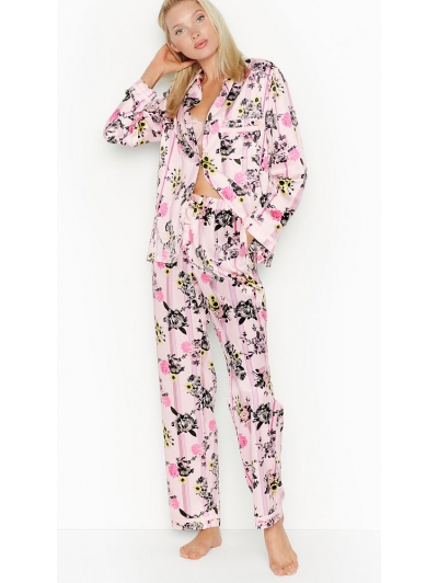 Атласна Піжама Victoria's Secret Long PJ Set, Pink Floral Stripe
