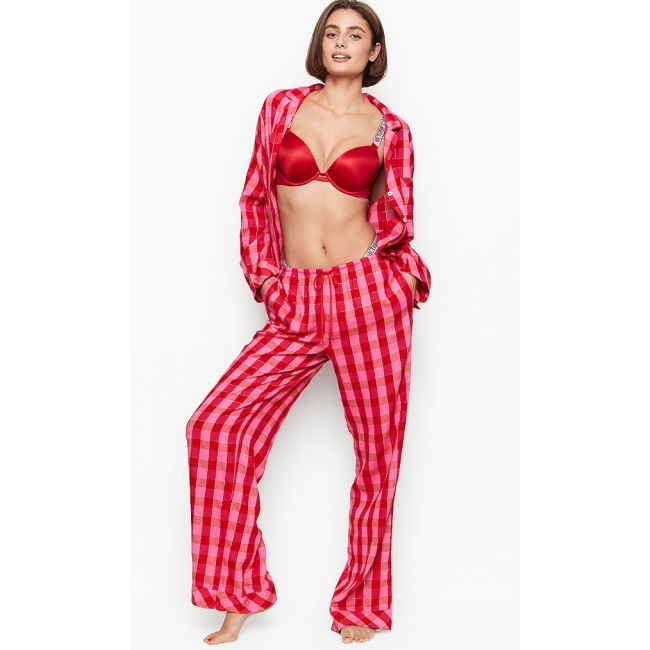 Піжама Victoria's Secret Cotton Printed Flannel Long PJ Set, Малинова в клітку