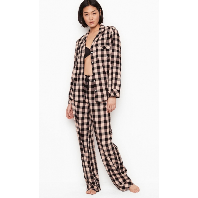 Піжама Victoria's Secret Cotton Printed Flannel Long PJ Set, Бежева в клітку