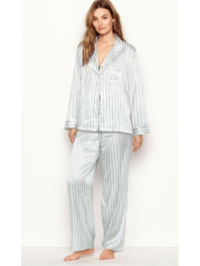 Атласна Піжама Victoria's Secret Long PJ Set, Blue/White Stripe