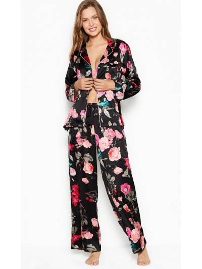 Атласна Піжама Victoria's Secret Long PJ Set, Black Floral