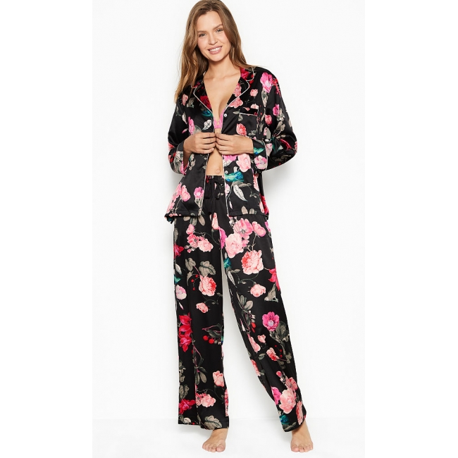 Атласна Піжама Victoria's Secret Long PJ Set, Black Floral