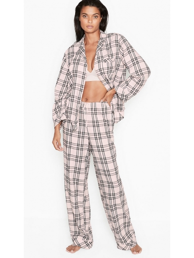 Піжама Victoria's Secret Cotton Printed Flannel Long PJ Set, Ніжно-рожева в клітинку