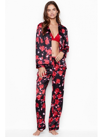 Атласна Піжама Victoria's Secret Long PJ Set, Red Flowers