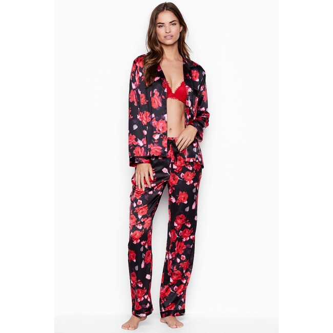 Атласна Піжама Victoria's Secret Long PJ Set, Red Flowers