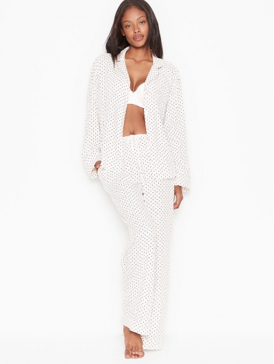 Піжама Victoria's Secret Cotton Printed Flannel Long PJ Set, Білий Горошок