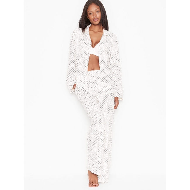Піжама Victoria's Secret Cotton Printed Flannel Long PJ Set, Білий Горошок