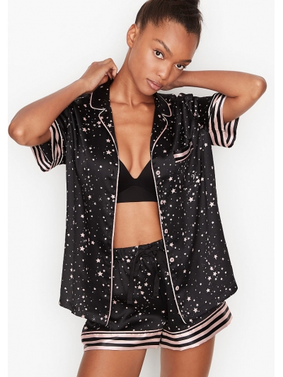 Атласна Піжама Victoria's Secret Satin Short PJ Set, Black Star Print