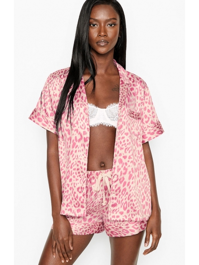 Атласна Піжама Victoria's Secret Satin Short PJ Set, Pink Leopard Print