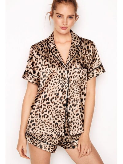 Атласна Піжама Victoria Secret Satin Short PJ Set, Brown Leopard Print