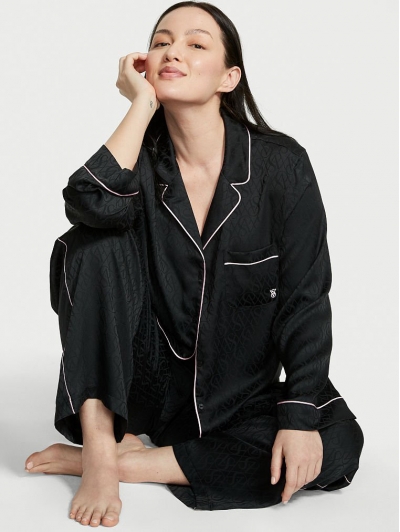 Піжама Сатин Victoria's Secret Long PJ Set, Black Logo