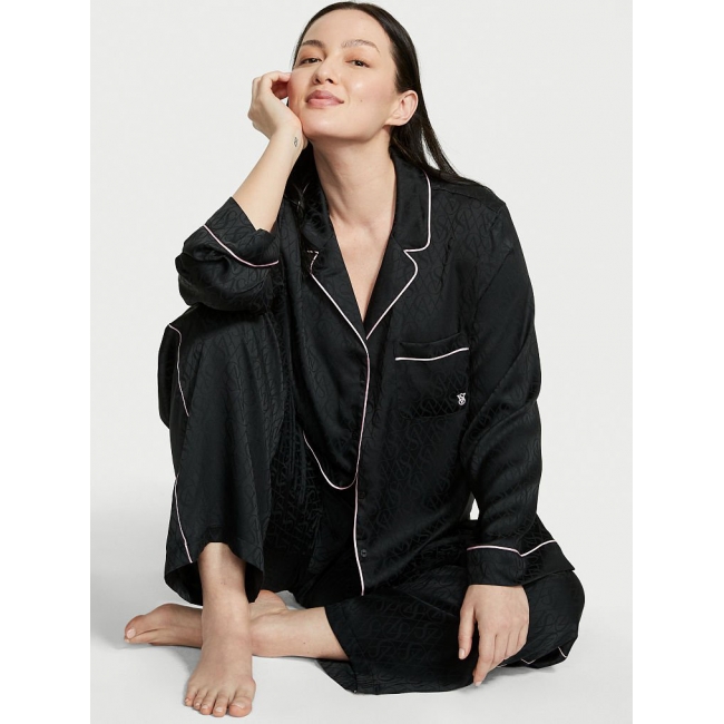 Піжама Сатин Victoria's Secret Long PJ Set, Black Logo