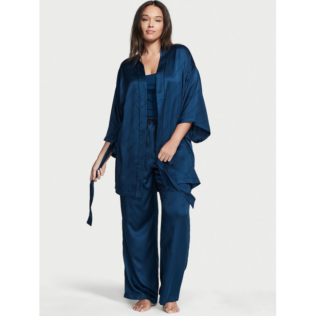 Атласна Піжама 3в1 Victoria's Secret 3-Piece Pajama Set, темно-синя