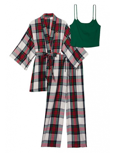 Піжама Victoria's Secret Flannel 3-Piece Set, Зелена клітинка