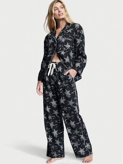 Піжама Victoria's Secret Flannel Long PJ Set, Чорна з зірками