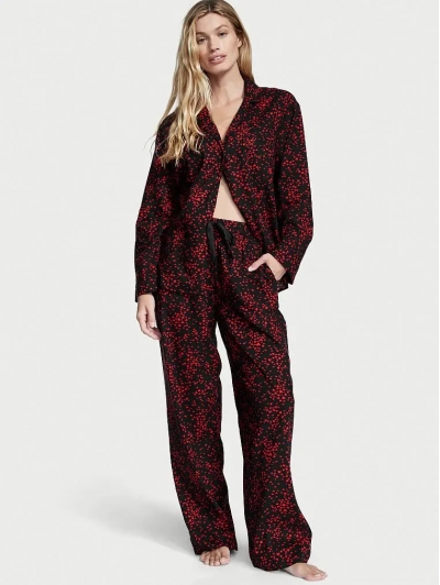 Піжама Victoria's Secret Flannel Long PJ Set, Чорна з серцями