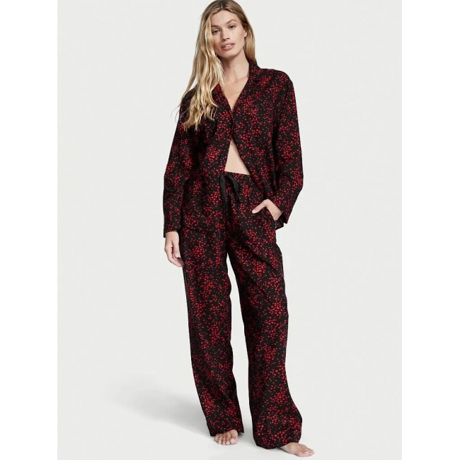 Піжама Victoria's Secret Flannel Long PJ Set, Чорна з серцями