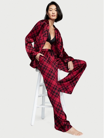 Атласна Піжама Victoria's Secret Long PJ Set, Червона клітинка