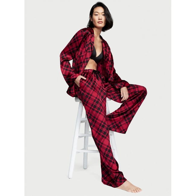 Атласна Піжама Victoria's Secret Long PJ Set, Червона клітинка
