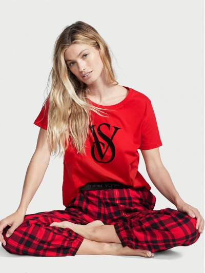 Піжама Victoria’s Secret Flannel Tee-jama Set, Lipstick Red Plaid