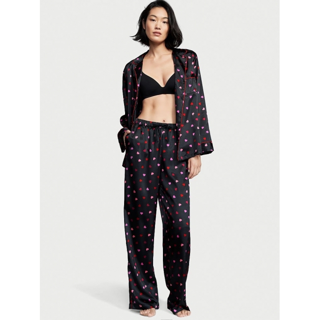 Піжама атласна Victoria's Secret Long PJ Set, Black Hearts