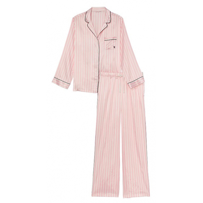 Піжама Сатинова в Смужку Victoria’s Secret Long Pajama Set, Pink Iconic Stripe