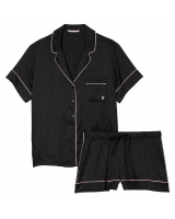 Атласна Піжама Victoria's Secret Satin Short PJ Set, Чорна з логотипом VS