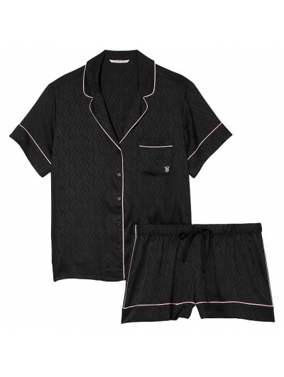 Атласна Піжама Victoria's Secret Satin Short PJ Set, Чорна з логотипом VS