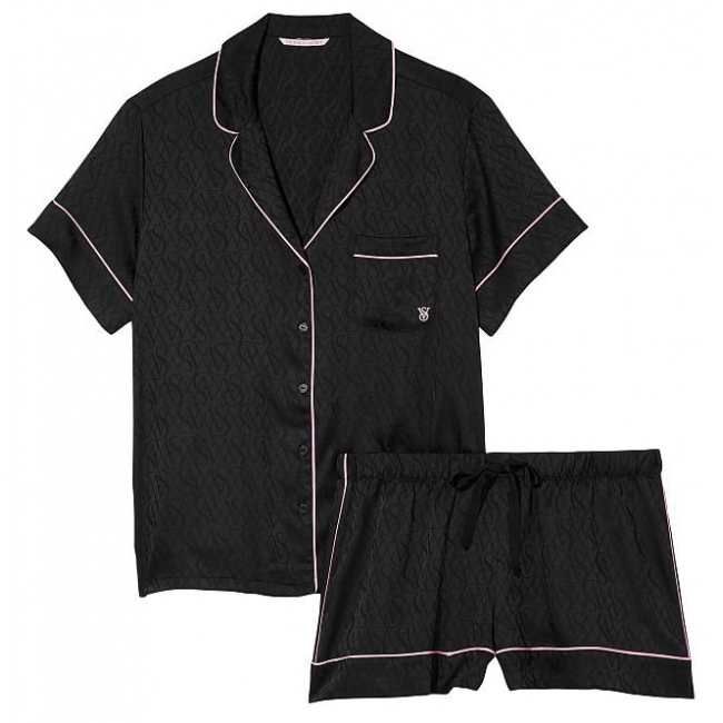 Атласна Піжама Victoria's Secret Satin Short PJ Set, Чорна з логотипом VS