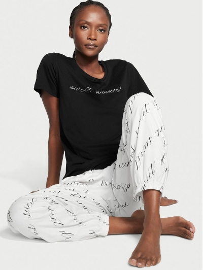 Піжама Victoria’s Secret Flannel Tee-jama Set, Чорна, штани з надписами