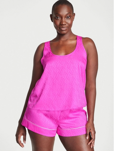 Піжама Сатинова Victoria’s Secret Satin Racerback Tank & Satin Short, Pink Berry Logo VS
