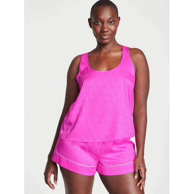 Піжама Сатинова Victoria’s Secret Satin Racerback Tank & Satin Short, Pink Berry Logo VS